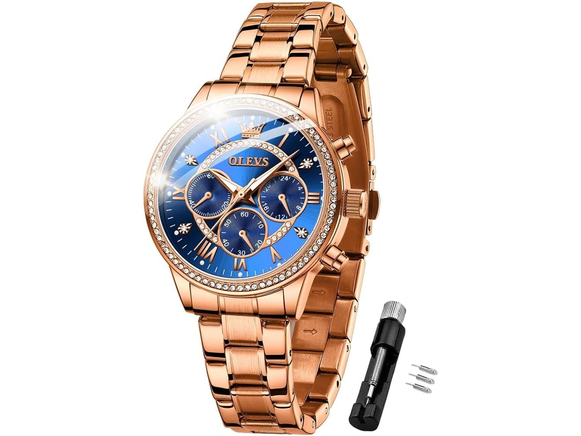 Lurelia Relógio Cronógrafo Feminino, Luminoso, Detalhes Com Strass, Aço Inoxidável, Resistente À Água, Rosa Ouro, Azul