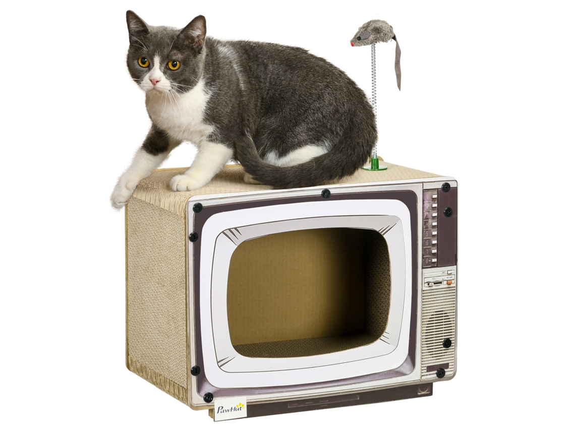 Arranhador de cartão para gatos, em forma de televisor, com rato de brinquedo, areia, 43x23x32,5cm | S/MARCA