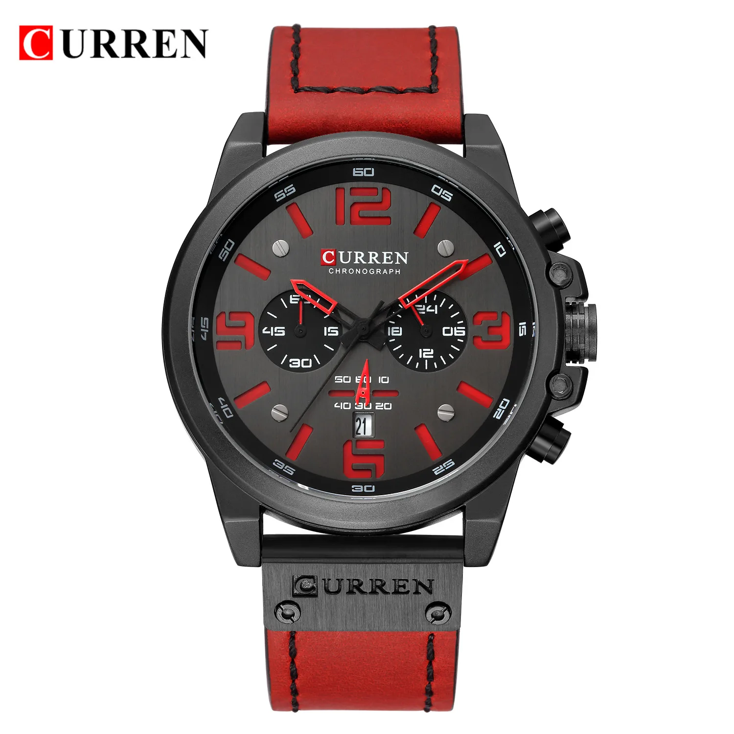 Relógio Esportivo Masculino À Prova D'água, Cronógrafo, Estilo Militar , com Pulseira de Couro Genuíno. MDUG (preto e Vermelho)