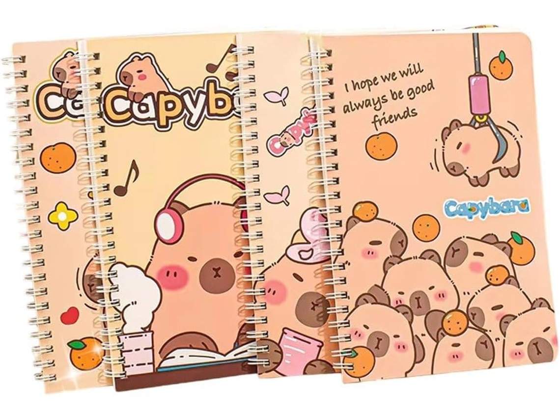 Conjunto 4 Mini Cadernos Espiral Com Estampa Capivara, Tamanho A5, Fofos, Prova D'água, De Bolso, Perfeitos