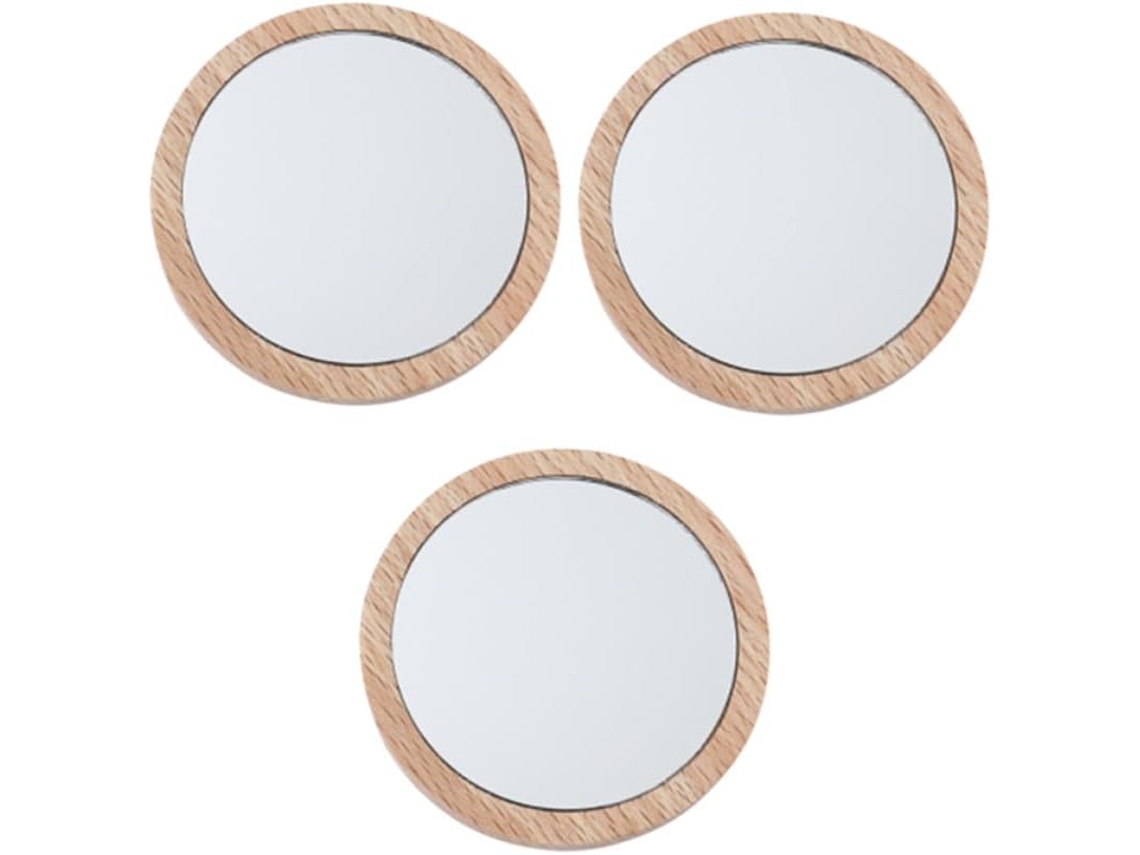 Conjunto de 3 mini espelhos cosméticos com suportes redondos feitos de material composto leve.