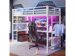 Cama Alta 90x200cm Led Mesa Tomada Usb 3 Gavetas Prateleiras Escada Branca