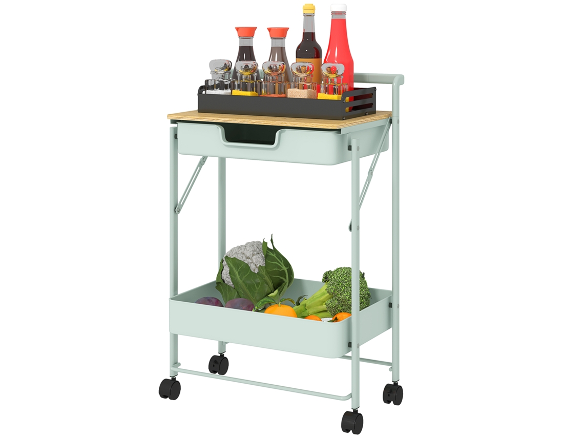 Carrinho Auxiliar Com Rodas De 2 Níveis De Cozinha Com 1 Gaveta E 1 Cesto Organizador 45x29,5x68 Cm Verde Claro