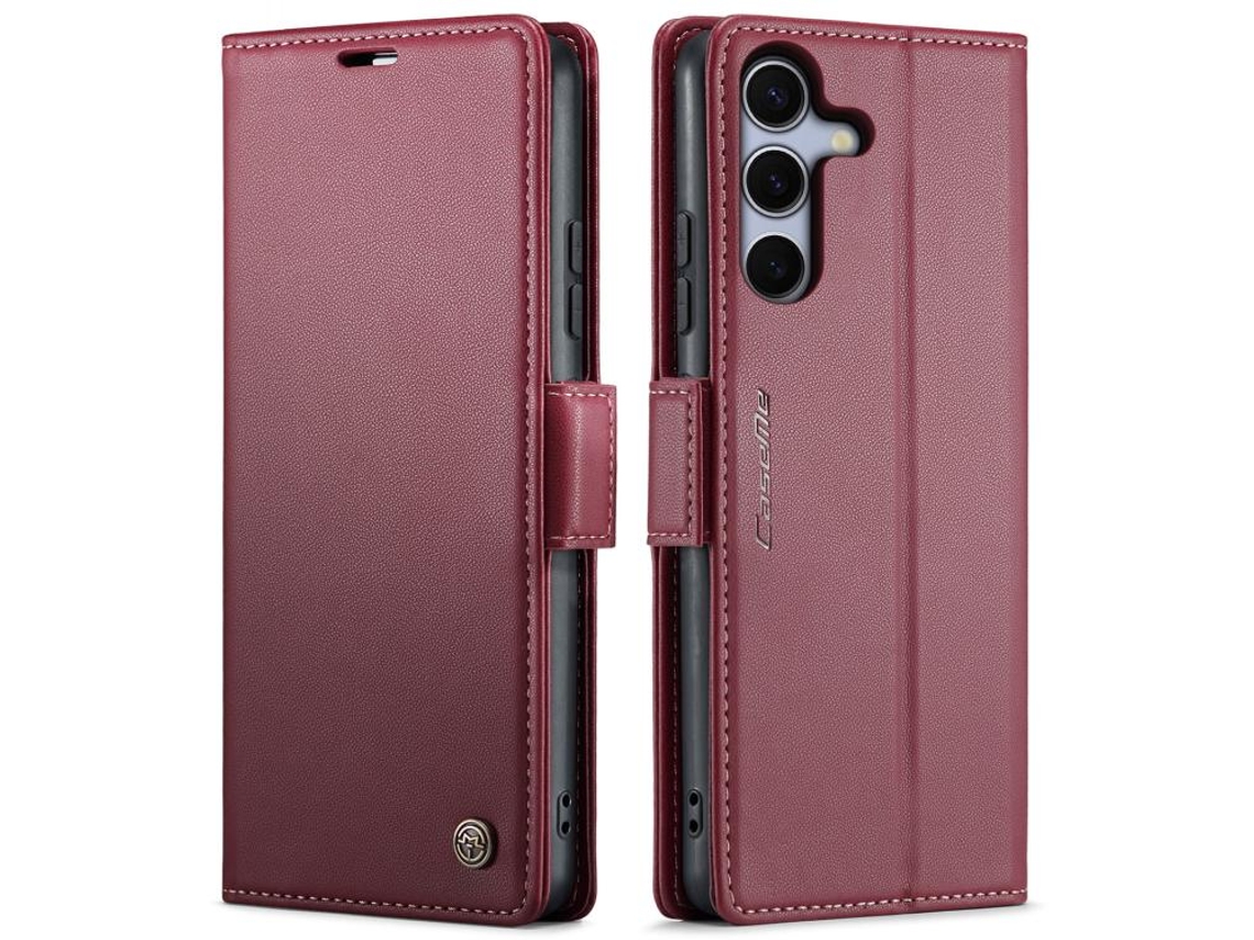 Capa Para Samsung Galaxy S25 Fe 5g De Couro Rfid Antirroubo Com Textura De Lichia E Fivela Borboleta Vermelha