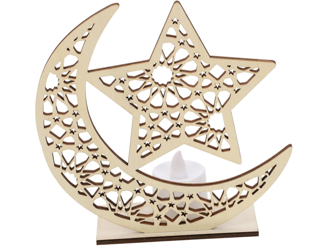 Luminária Decorativa De Madeira Com Led, Ideal Para O Ramadã, Com Design De Estrela E Lua.
