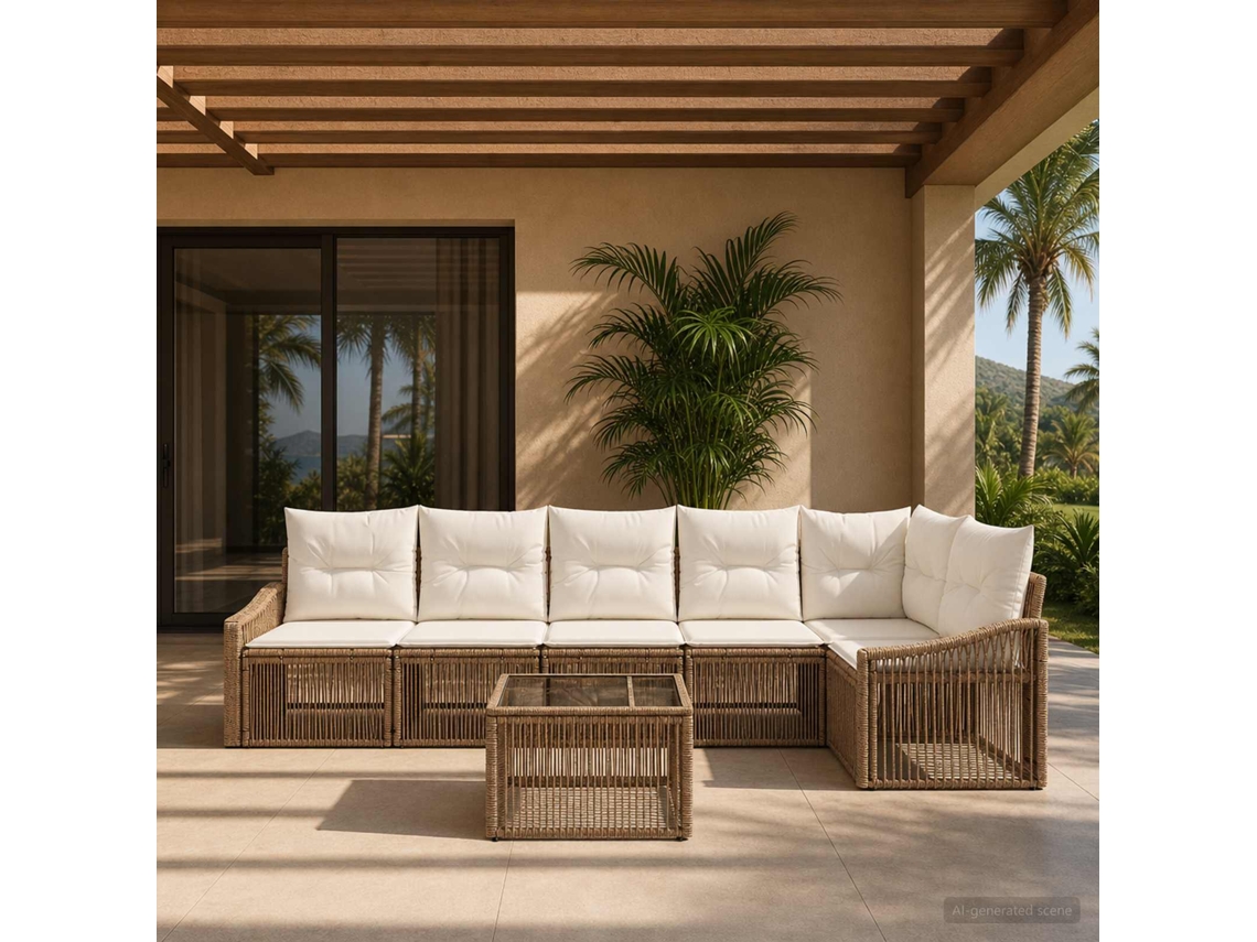 Vidaxl Conjunto De Sofá De Jardim 7 Pcs Bege Vime Pe
