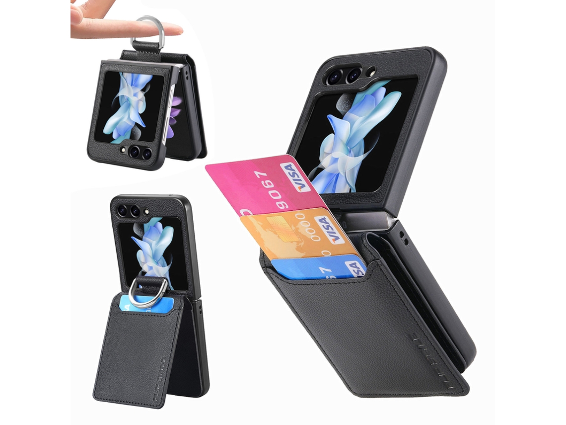 Capa Para Samsung Galaxy Z Flip 7 Couro Anel Porta-cartões Preto Czhhmart