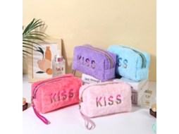 Nécessaire de maquiagem de pelúcia, ideal para viagens e para guardar cosméticos.