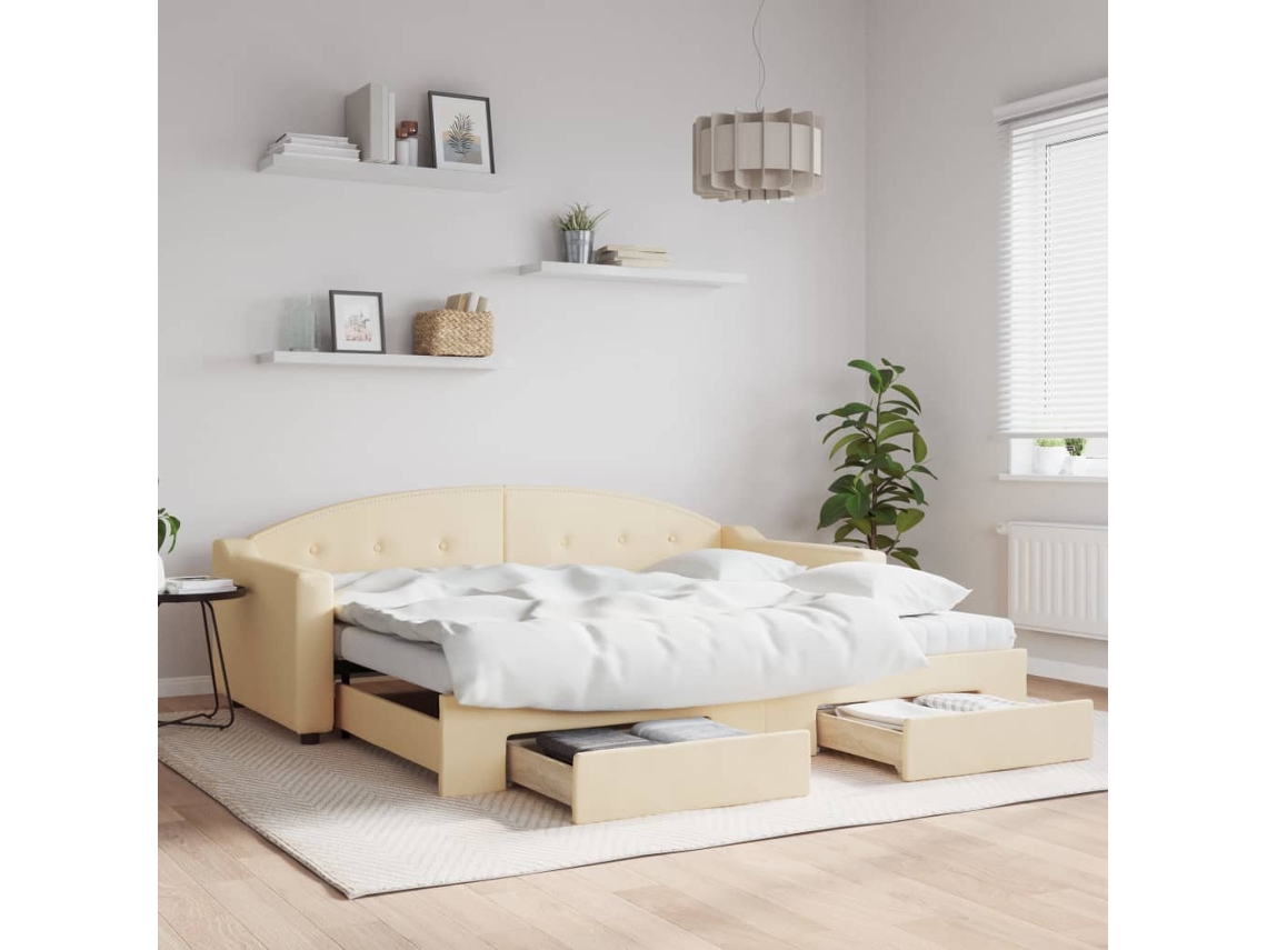 Vidaxl Sofá-cama Com Gavetão E Gavetas 90x200 Cm Tecido Cor Creme
