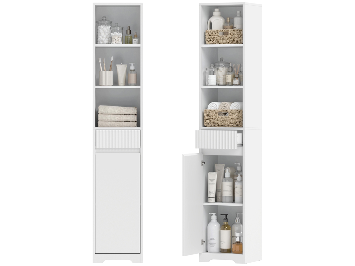 Armário Alto Para Banheiro. Móvel De Armazenamento Com Porta, Gaveta, Compartimentos Abertos E Prateleira Ajustável. Branco.