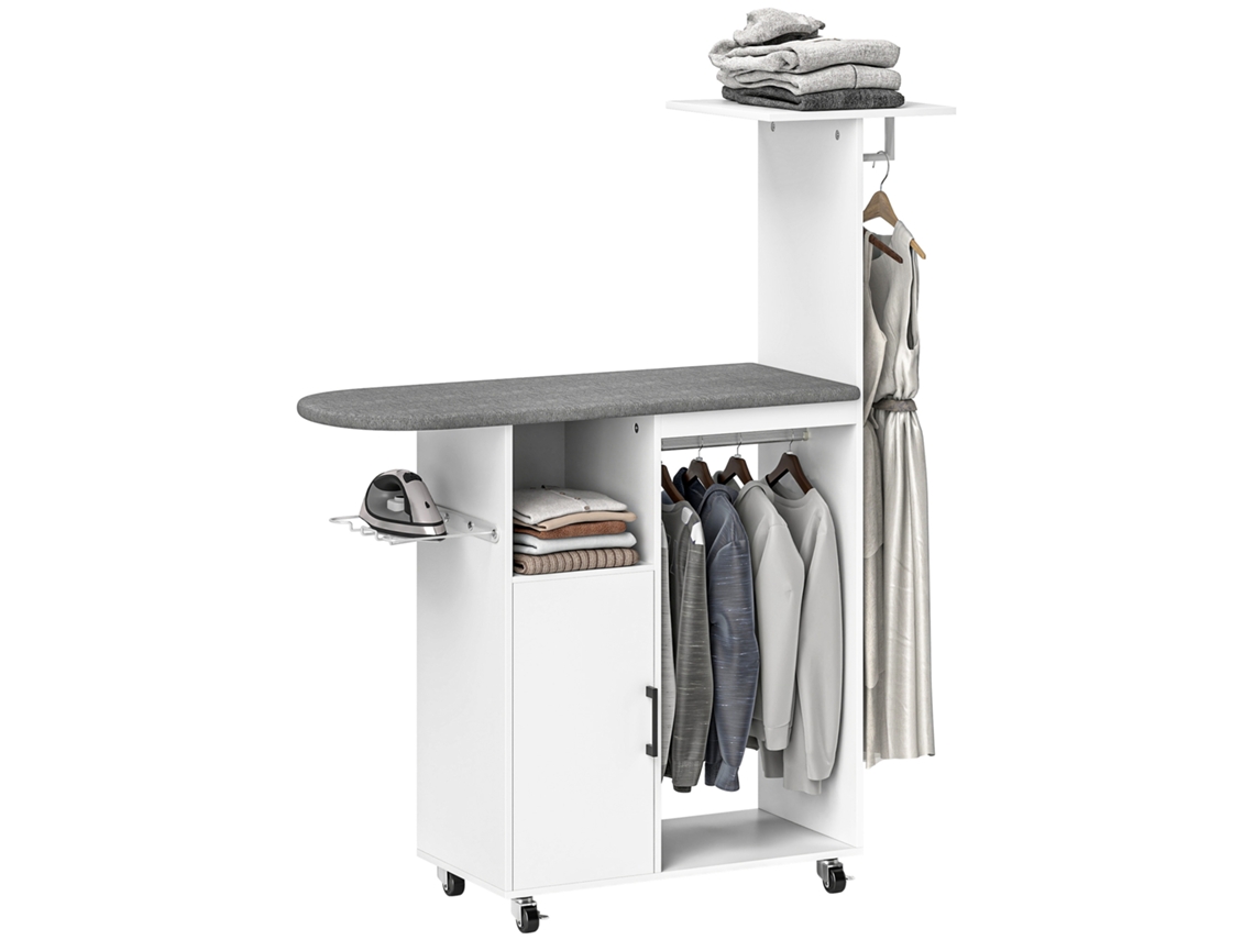 Móvel de engomar roupa com rodas e suporte lateral móvel com tábua de passar barra para roupa prateleira 127.5x43.5x153cm branco S/MARCA