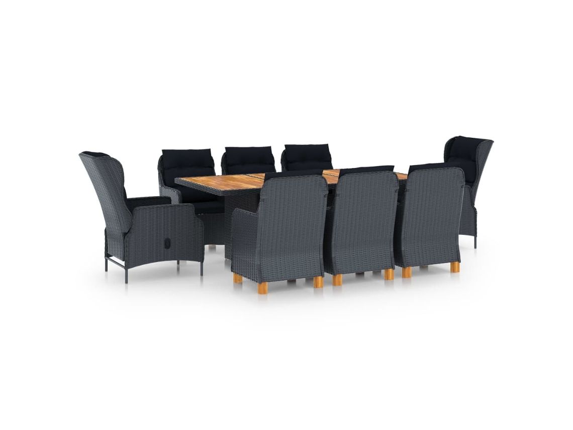 Vidaxl 9 Pcs Conj. Jantar Exterior C/ Almofadões Vime Pe Cinza-escuro