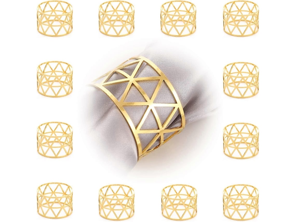 Rebe 12 Anéis para Guardanapos de Ouro com Brilho Metálico e Design Geométrico Oco para Ambientes Decorativos