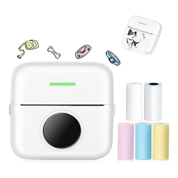 Mini Impressora Térmica Sem Tinta Com Bluetooth Para Fotos, Com 5 Rolos De Papel, Ideal Para Crianças, Diários, Estudos E Viagens. Cor Branca.