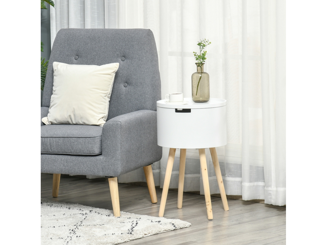 Mesa de Apoio com Tampa Removível Espaço Armazen. e Pés Madeira Ø38x63cm Branco