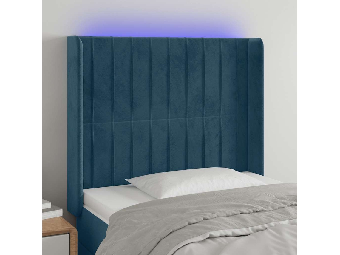 Vidaxl Cabeceira Cama C/ Luzes Led Veludo 103x16x118/128cm Azul-escuro