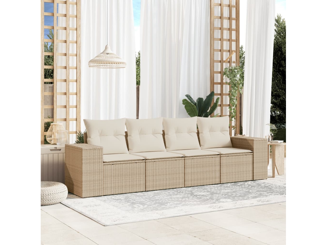 Vidaxl 4 Pcs Conjunto De Sofás Para Jardim C/ Almofadões Vime Pe Bege