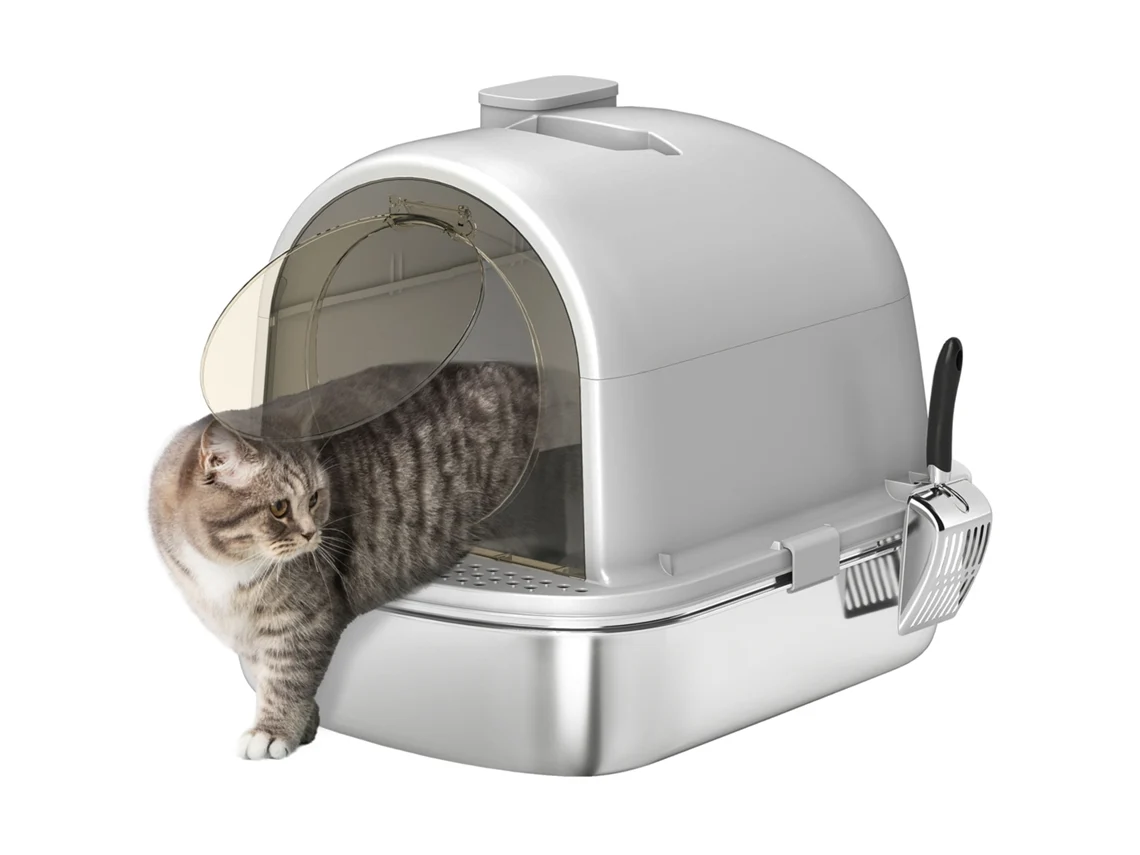 Caixa De Areia Para Gatos Em Aço Inoxidável Com Tampa Caixa De Areia Com Bolsa Desodorizante E Pá 52,4x41,3x39,9 Cm Cinzento