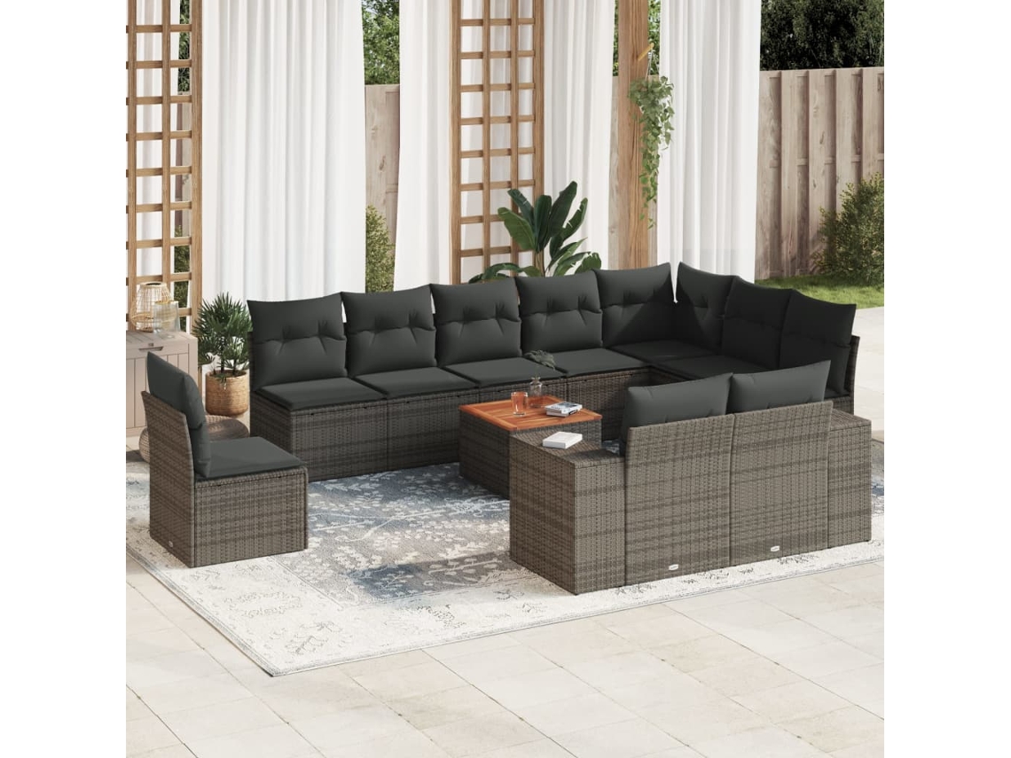 Vidaxl 11 Pcs Conjunto Sofás De Jardim C/ Almofadões Vime Pe Cinzento