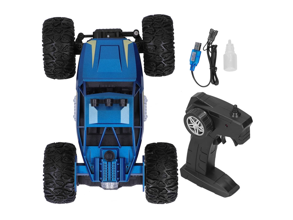 Carrinho de controle remoto 2.4g 2026 com luzes de LED e simulação de spray para brinquedos infantis, azul.