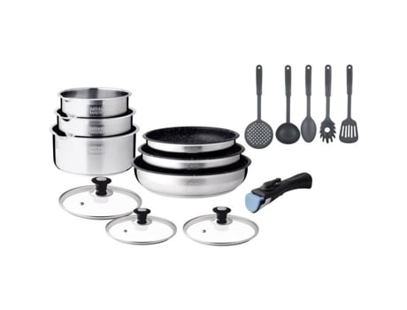 Conjunto de panelas de indução Arthur Martin AM1275 de aço inoxidável com 15 peças e alças removíveis, adequado para todos os fogões, incluindo indução.