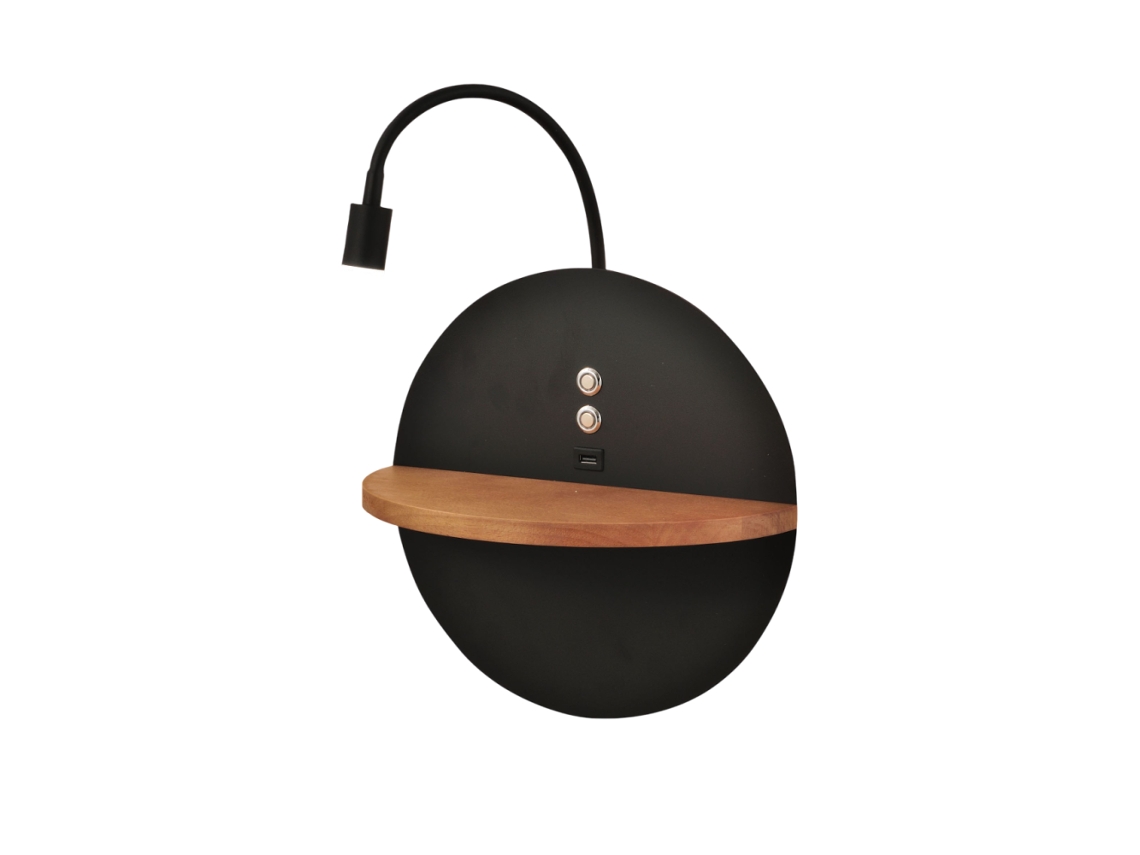 Dual Aplique De Parede Com Prateleira E Luz Led De 15w Fabas Luce Touch Dimmer Preto Mate Com Usb Integrado Em Madeira