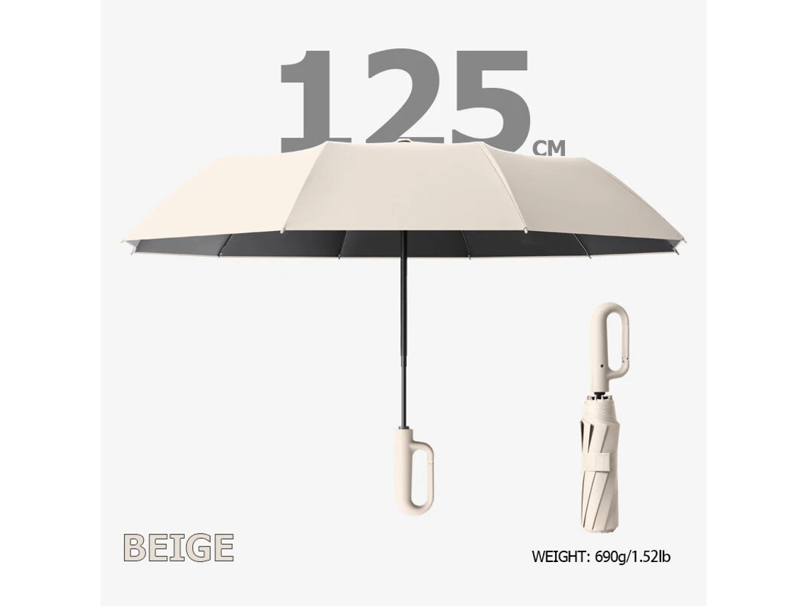 Bege Guarda chuva Automático Extra Grande 125cm 10 Varetas Resistente Água Proteção Uv50+ Alça Mosquetão Cabo Antiderrapante Capa Protetora MDUG