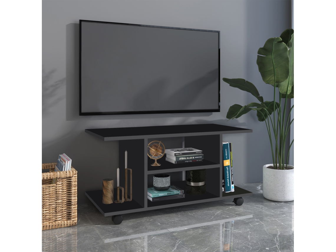 Móvel Para Tv Para Televisores De Até 42 Polegadas Móvel De Tv Com Prateleiras E Rodas Com Travão 80x40x40cm Preto