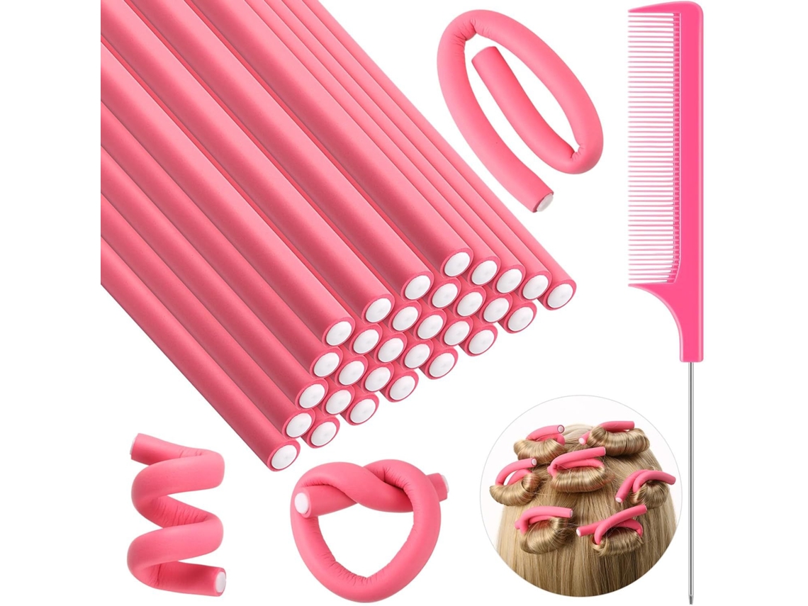 Conjunto 30 Rolos Cabelo Elásticos - Modelador Sem Calor - Caracóis Sem Calor - Rolo Cabelo - Com Pente - Cabelo Curto E Longo - Esponja - Rosa
