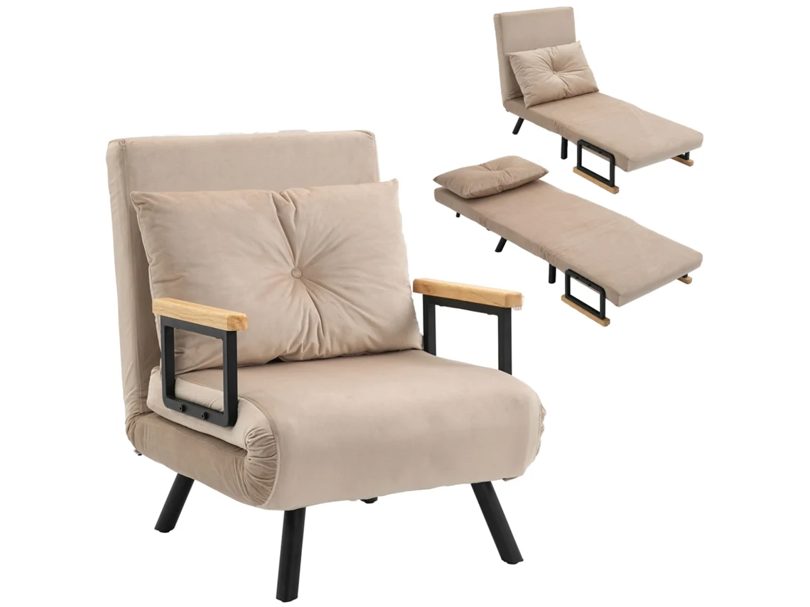 Poltrona/cama 3 em 1 com encosto ajustável, tecido aveludado bege S/MARCA