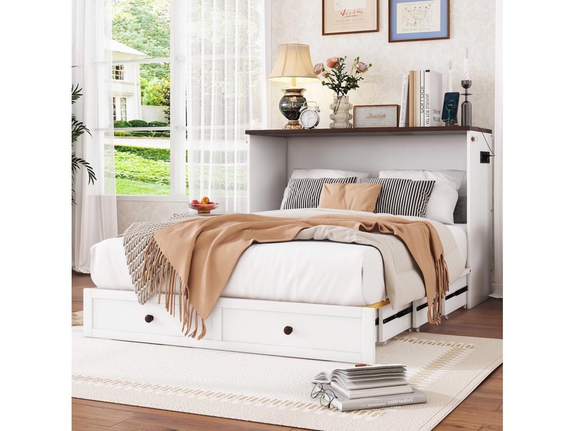 Lit Armoire 140x200 Cm Escamotable, Tiroirs, Étagères, Usb, Prise, Blanc, Sans Matelas VSOGA