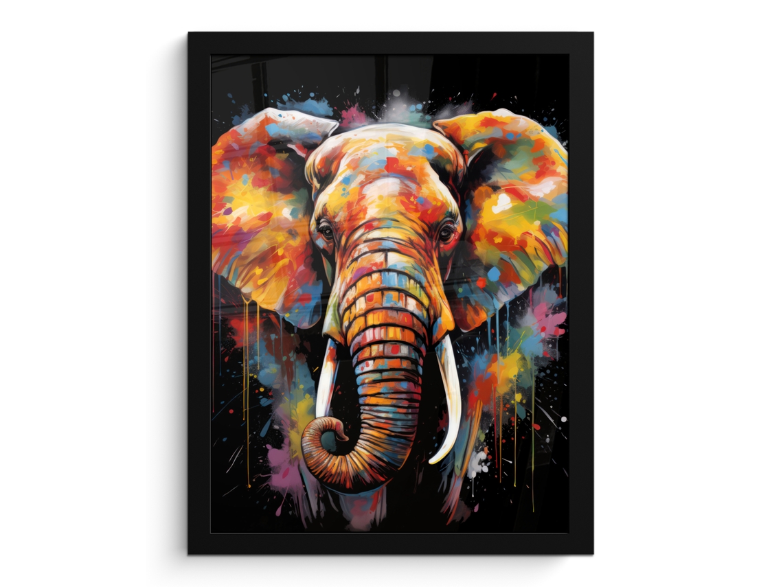 Poster Emoldurado Elefante - Graffiti - Preto - Animais - Cores 30x40 Cm