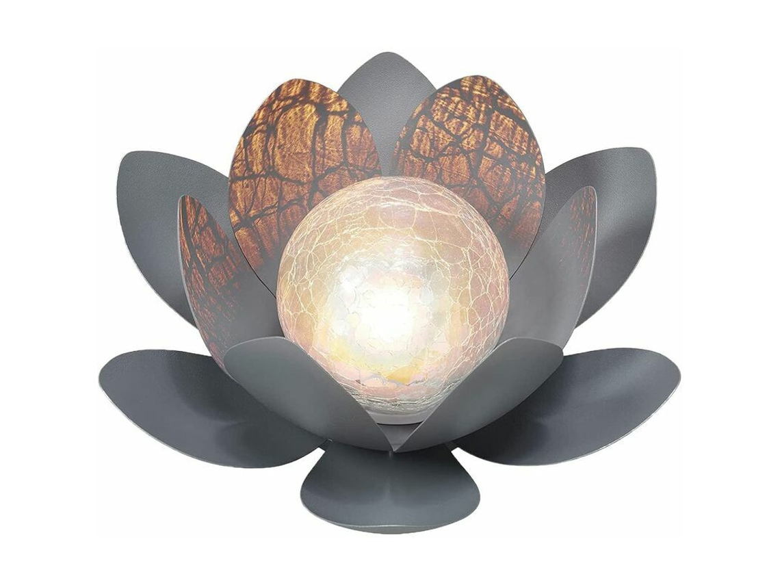 Lâmpada Solar Flor De Lótus Em Metal E Vidro Estalado Luz Decorativa