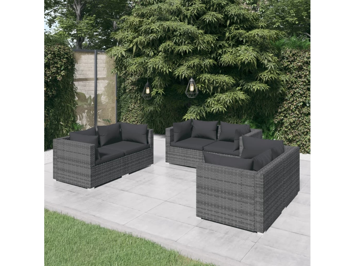 Conjunto Jardim Lounge 6 Peças C/ Almofadões Vime Pe Cinza Dkd Home Decor