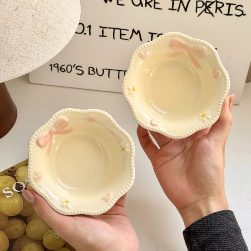 Duas Tigelas de Cerâmica Creme com Laço em Relevo, Tigelas de Sopa Charmosas e Resistentes Ao Calor. MDUG (2 Peças)