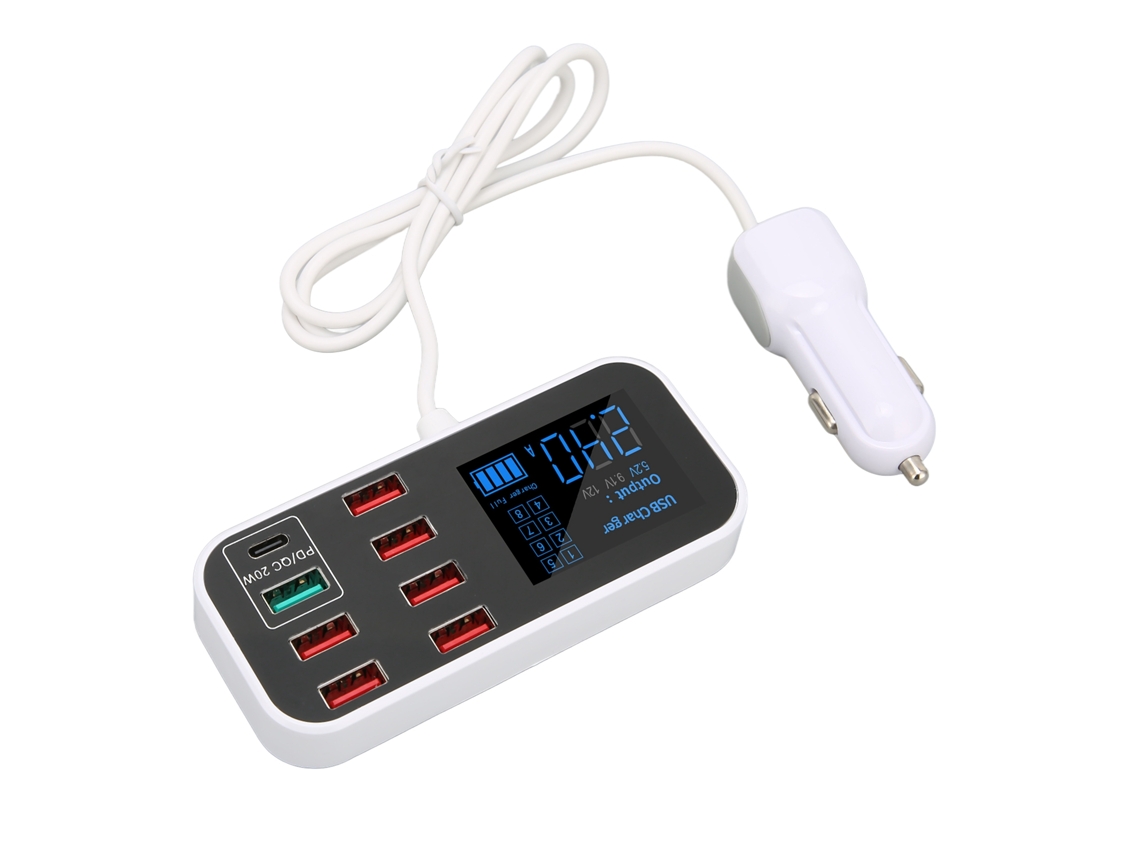 Carregador de Carro 8 Portas 40w Carga Rápida com Lcd