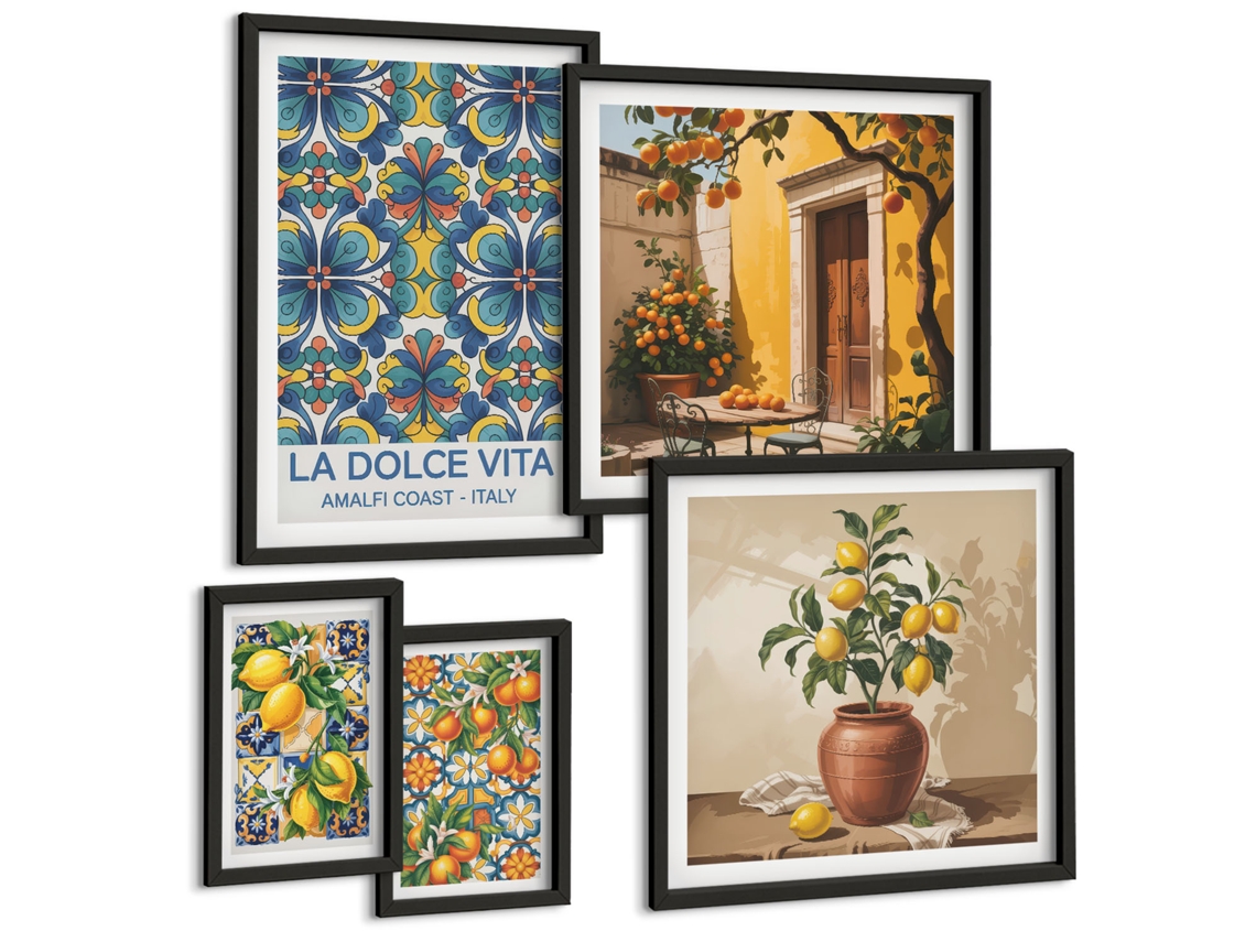 Galeria De Pinturas Murais Ruas, Casas, Plantas, Vasos Moldura Preta Pinturas De Quarto Espelharte (conjunto De 5 Imagens)