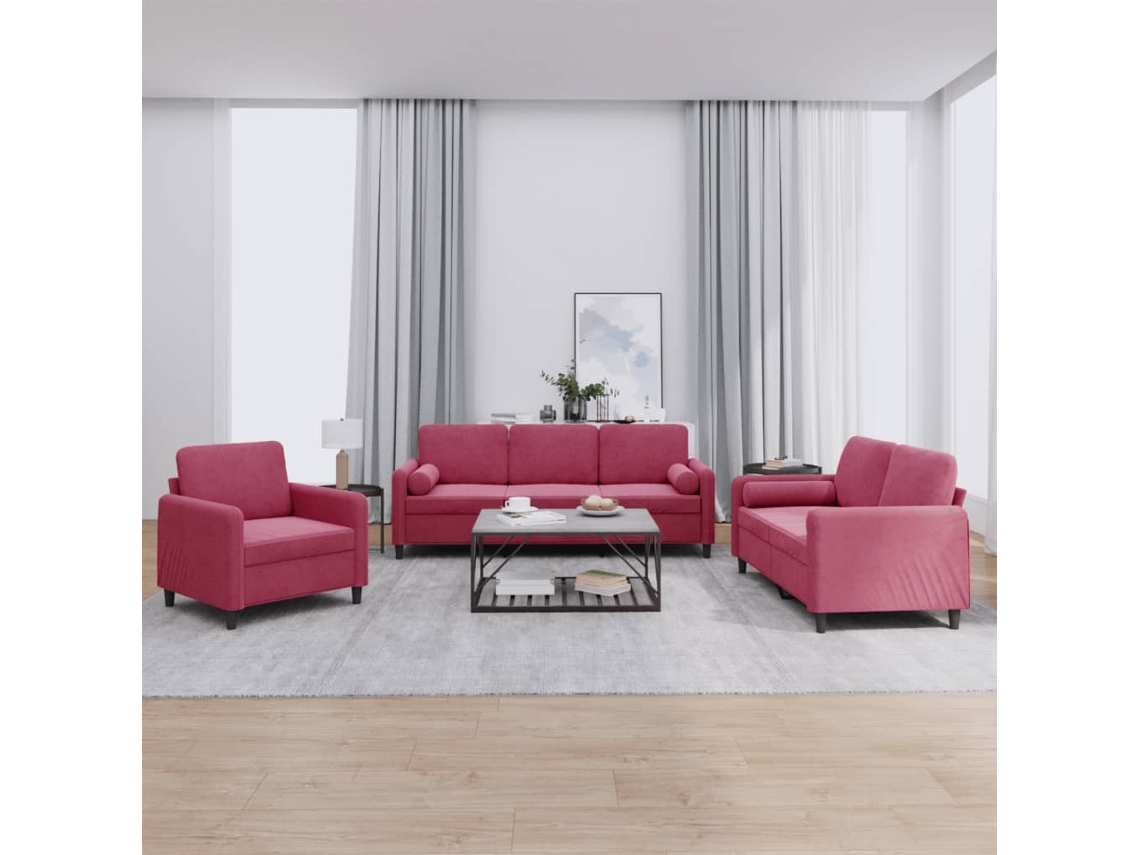 Vidaxl 3 Pcs Conjunto De Sofás Com Almofadas Veludo Vermelho-tinto