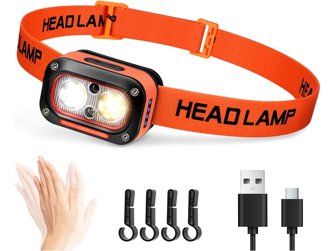 Lanterna De Cabeça Led Recarregável Via Usb Com Sensor De Movimento, Luz Vermelha E Compatível Com Capacete (laranja)