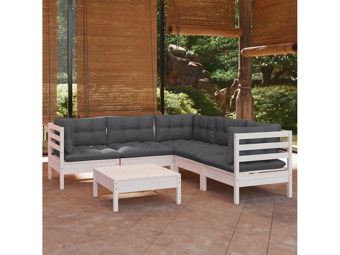 Vidaxl 6 Pcs Conj. Lounge De Jardim C/ Almofadões Pinho Maciço Branco