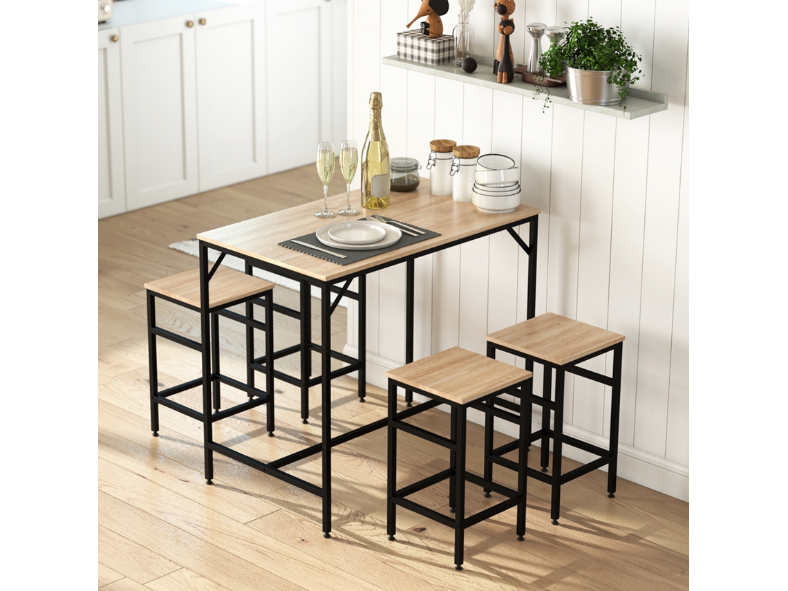 Conjunto de Mesa de Bar Industrial + 4 Bancos com Apoio para os Pés em Madeira Cor Carvalho Claro, Estrutura em Metal Preto