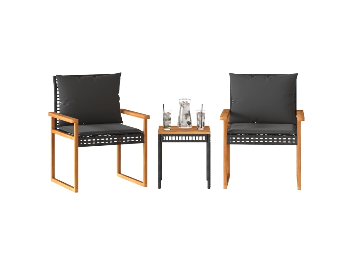 Vidaxl Conjunto De Bistrô Com Almofadões 3 Pcs Vime Pe E Acácia Preto