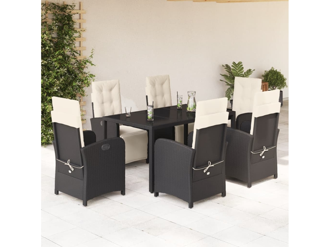 7 Pcs Conjunto De Jantar P/ Jardim C/ Almofadões Vime Pe Preto Dkd Home Decor