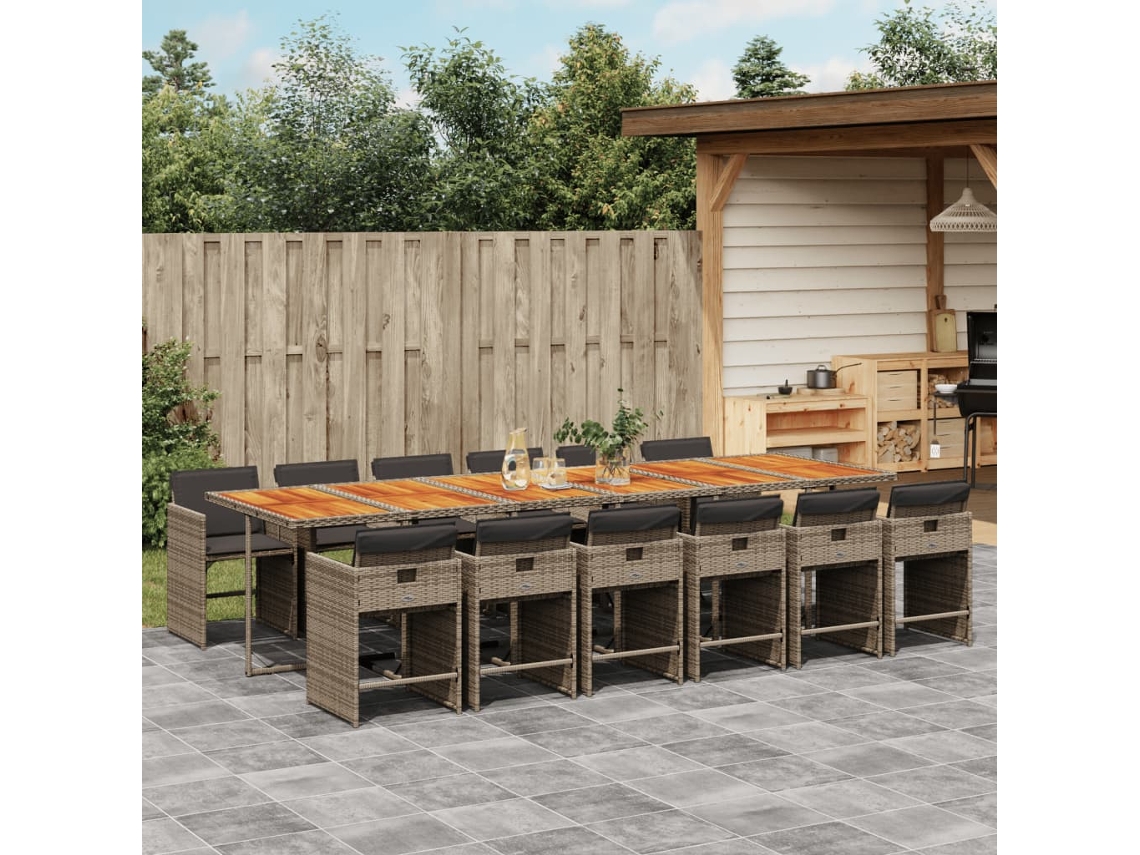 Vidaxl 13 Pcs Conjunto Jantar P/ Jardim C/ Almofadões Vime Pe Cinzento