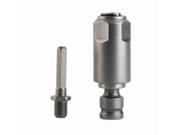 Adaptador de chave de impacto em aço carbono de alta resistência para martelo elétrico com 2 furos e 2 ranhuras no cabo redondo.