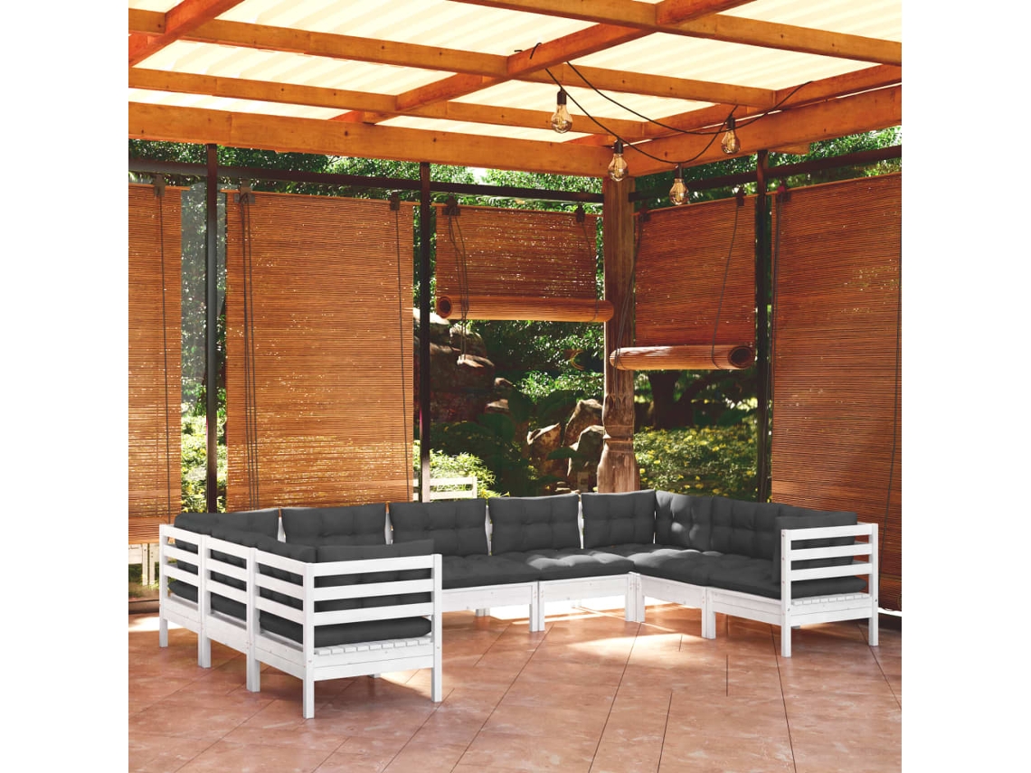 Vidaxl 9 Pcs Conjunto Lounge De Jardim C/ Almofadões Pinho Branco