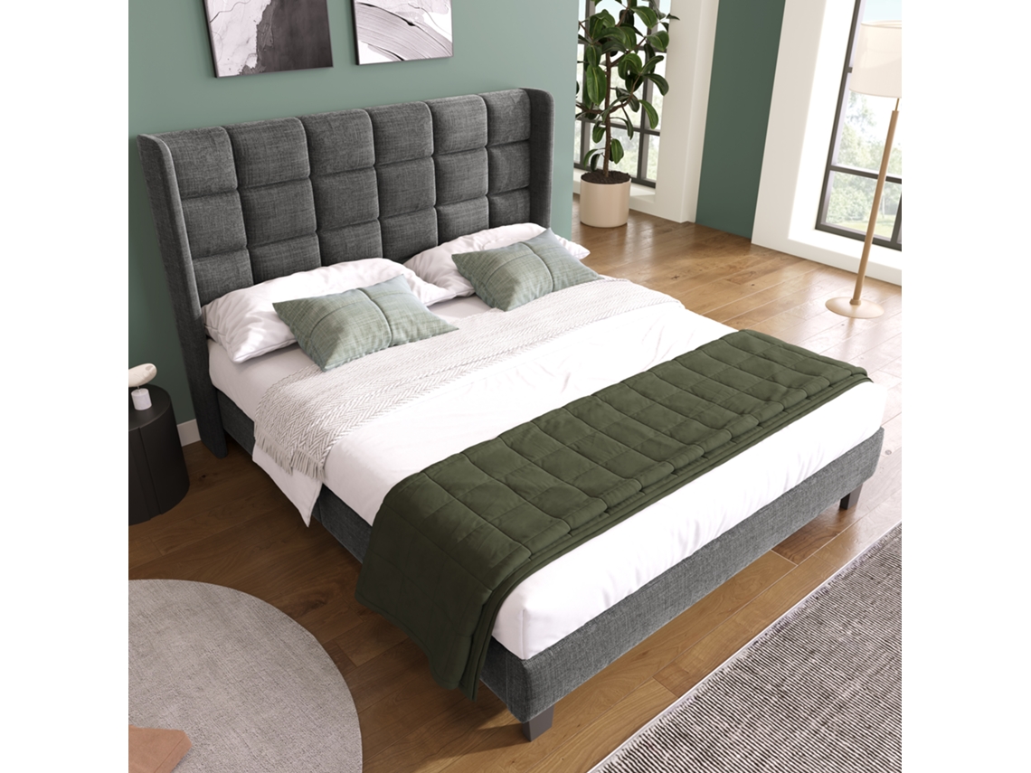 Cama Casal 140x200cm Cinza Linho Com Cabeceira Acolchoada Sem Colchão