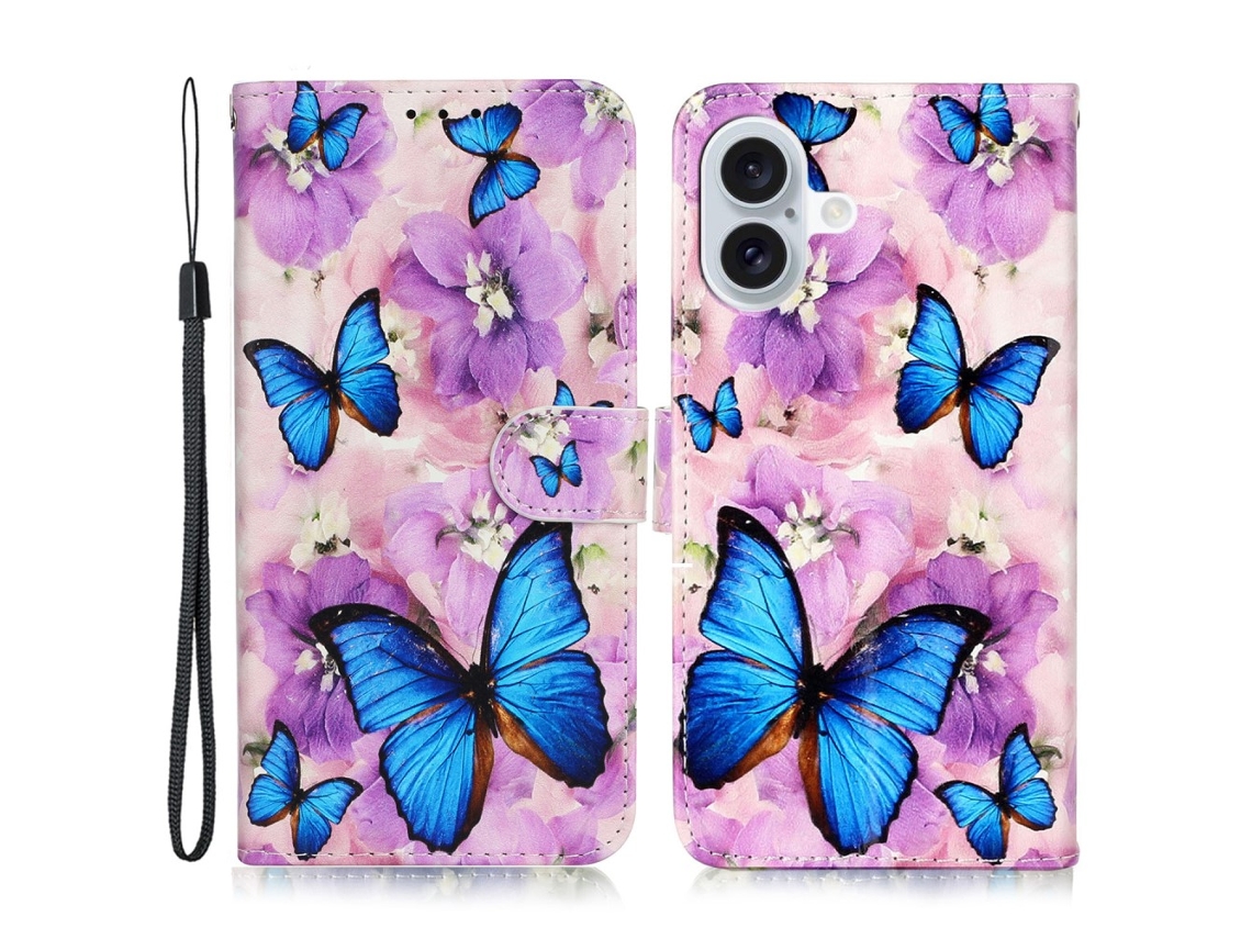 Capa Em Couro Pu Com Pega Para Apple Iphone 16 Plus - Borboleta Flor Roxa