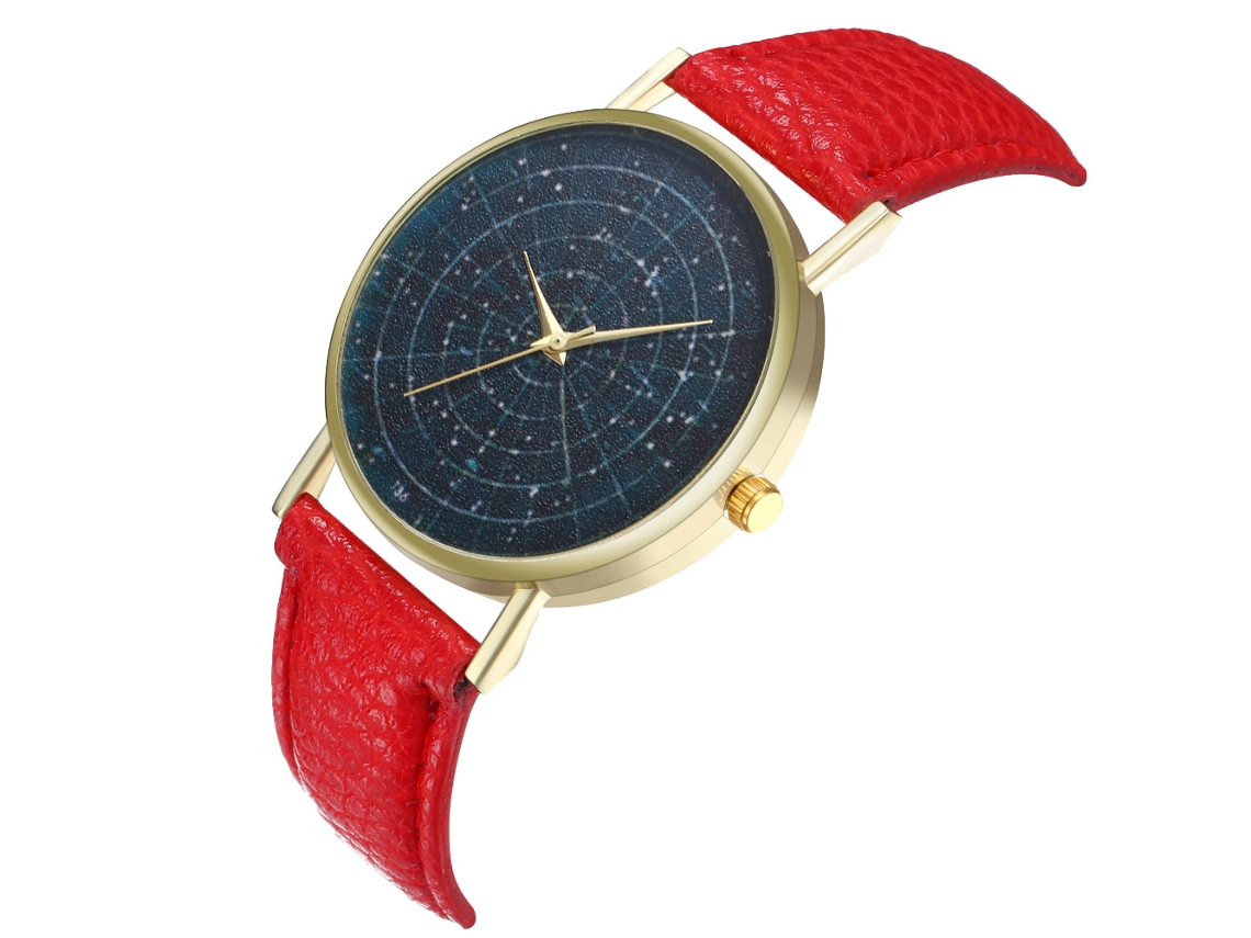 Reloj Hombre Dial Cielo Estrellado Cuarzo Correa De Cuero Rojo