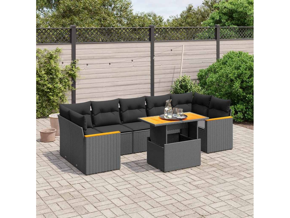 Vidaxl 8 Pcs Conjunto Sofás De Jardim Com Almofadões Vime Pe Preto